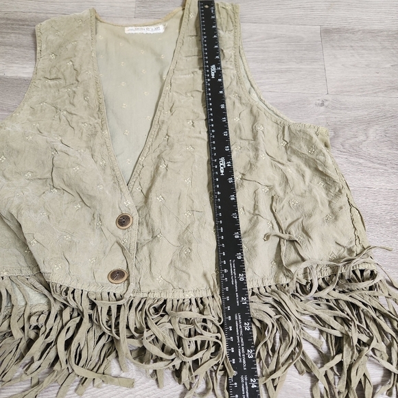 Action Wear Sage‎ Green Vest L Vintage Quilt Pattern Fringe Embroidered Crushed - Picture 7 of 13